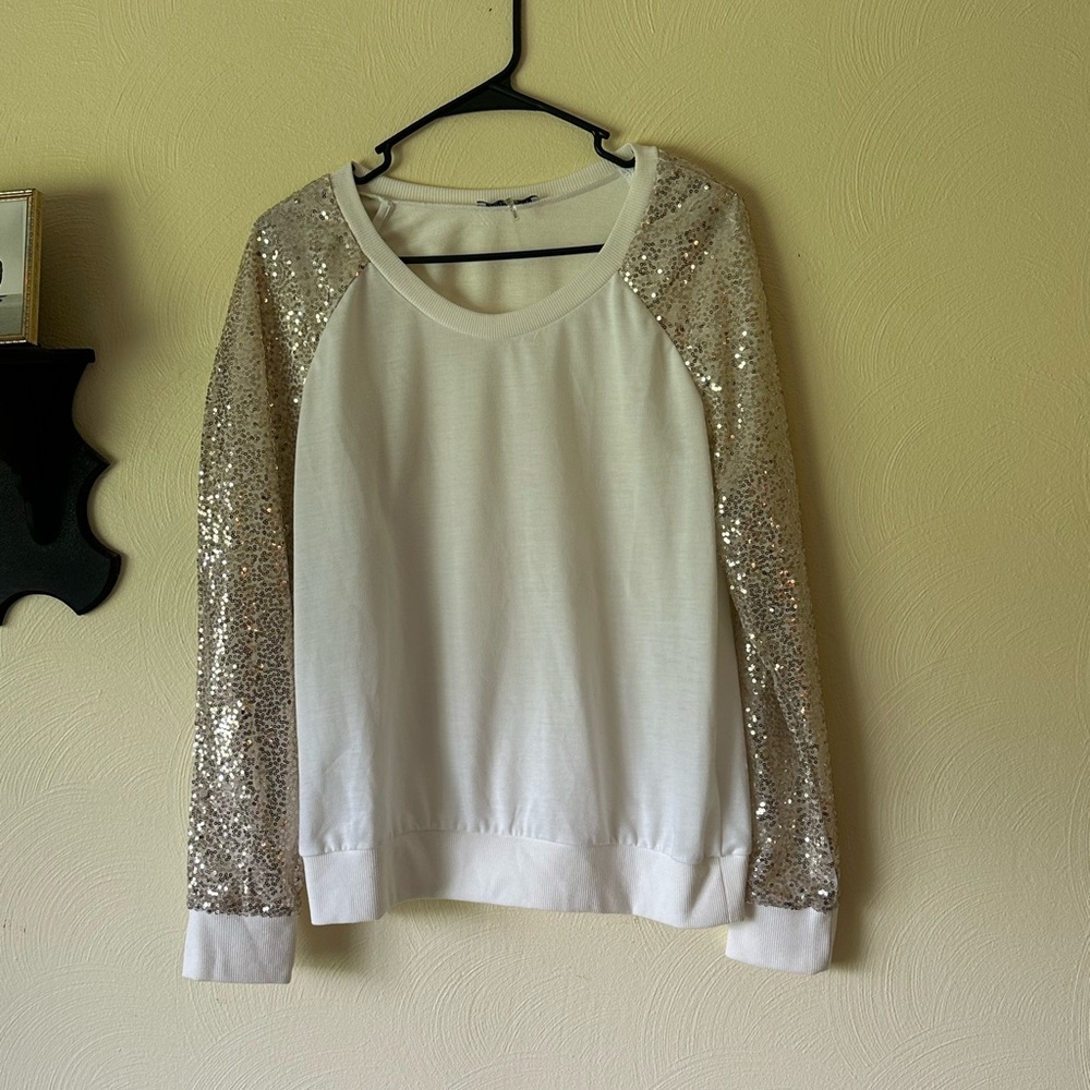 White and Gold Sequin Sleeve Women's Top